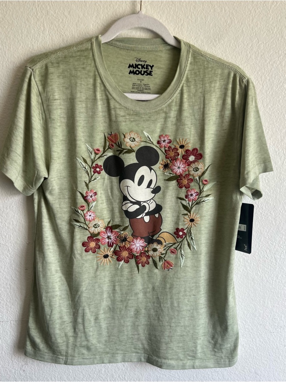 Disney Mickey Mouse Logo Flower Embroidered Tee Sage Green Size S NWT - Picture 6 of 12